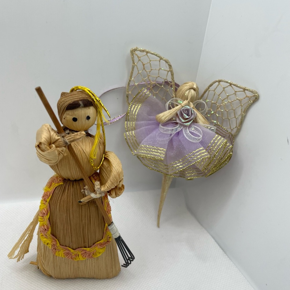 2 Handcrafted Cornshucks Corn Husk Doll/Angel Christmas Ornaments Holiday Decor